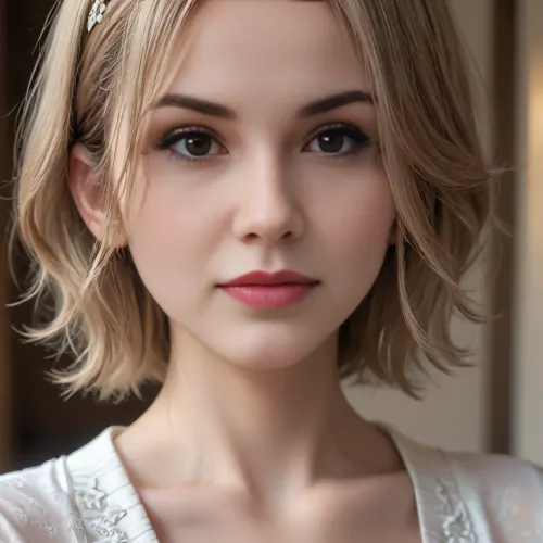 close-up, profile view of a stunningly beautiful woman with blond pixie hair, sweet shy smile, erotic seductive look, 4ng3l, face, <lora:SDXL_BetterFaces-LoRA_v1:.5>, <lora:add-detail-xl:1.8>