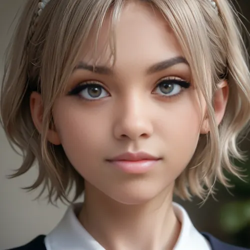 close-up, profile view of a stunningly beautiful woman with short black pixie hair in to buns, sweet shy smile, erotic seductive look, without makeup, 4ng3l, face, <lora:SDXL_BetterFaces-LoRA_v1:.9>, <lora:add-detail-xl:1.8>