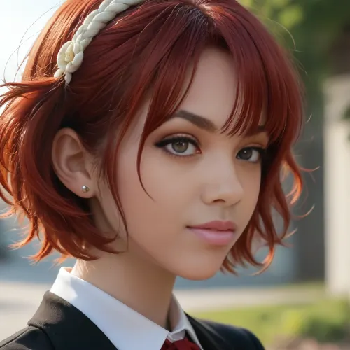 close-up, profile view of a stunningly beautiful woman with long red pixie hair in to buns, sweet shy smile, erotic seductive look, without makeup, 4ng3l, face, <lora:SDXL_BetterFaces-LoRA_v1:.9>, <lora:add-detail-xl:1.8>