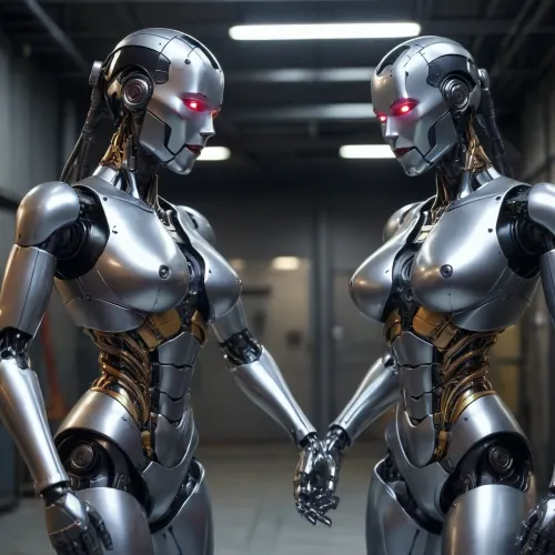 sexbots fighting, (fully metallic robotic body, huge robotic tits:1.5), silver platform stilettos, <lora:bombshell_v2:.5>, <lora:hightech_robotics:.5>, hightech_robotics
