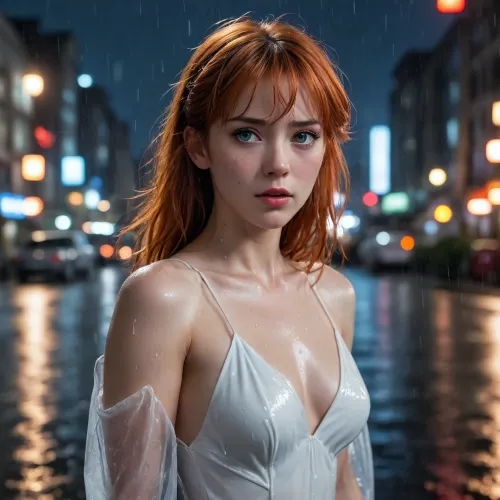 Ultra-detailed, cinematic anime-style illustration of Asuka Langley Soryu from Neon Genesis Evangelion, standing in the rain at night, wearing a sleek, form-fitting white dress that hugs her figure perfectly. The dress is elegant yet simple, with subtle fabric textures and a slight sheen from the rain. Her fair skin glistens under the cold, diffused light of the streetlamps, with raindrops cascading down her arms and face. Her vibrant red hair is damp, with a few wet strands clinging to her cheeks and forehead, adding to the intensity of the scene. Her piercing blue eyes are narrowed, glowing faintly with a sharp, almost furious glare, as if she is deeply annoyed or angry, capturing the expression of someone who is thinking, 'You're late.' The background is a dark, rain-soaked cityscape, with wet asphalt reflecting the cold, neon lights of the surrounding buildings. The rain falls heavily, creating a misty, atmospheric effect, with each droplet captured in stunning detail. Puddles ripple on the ground, and the faint glow of distant city lights adds depth to the scene. The lighting is dramatic and moody, with sharp contrasts between the cold blues of the night and the warm highlights on Asuka's skin and dress. The overall composition is dynamic, with Asuka positioned centrally, her piercing gaze drawing the viewer's attention. The image is rendered in 8K resolution, with vibrant yet subdued colors, ultra-sharp details, and a sense of realism that brings the rainy night to life. The mood is intense, dark, and emotionally charged, capturing the essence of Asuka's character in a moment of cold, silent fury."