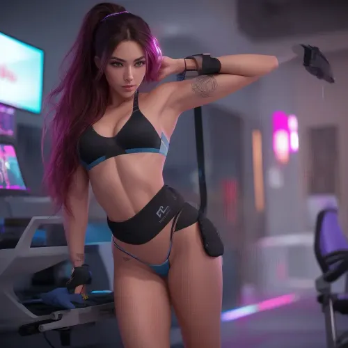 full body view, amazingly detailed, masterpiece, ultra hd, beautiful girl, computer gamer, feminine gamer, gaming computer, gaming chair, neon lit, (wearing a sports bra and thong:1.2), streamer setup, cyberpunk theme, wild long hair, brunette hair, high detail hair, high detail skin, high detail eyes, attractive eyes, slender body, toned body, perfect face, slim athletic body, vibrant colors, beautiful, dramatic lighting, shallow depth of field, Ultra-realistic, beautiful lighting, highly detailed, photorealistic, 8k sharp focus quality surroundings, PERFECT BODY, PERFECT HANDS, PERFECT FEET, PERFECT ARMS, PERFECT LEGS, PERFECT FACE, PERFECT NOSE, EXPRESSIVE EYES, FEMININE YOUTH-FULL FACE ""SYMETRICAL FACIAL FEAUTURES, PERFECT ANATOMY, <lora:498142_training_data:.5>