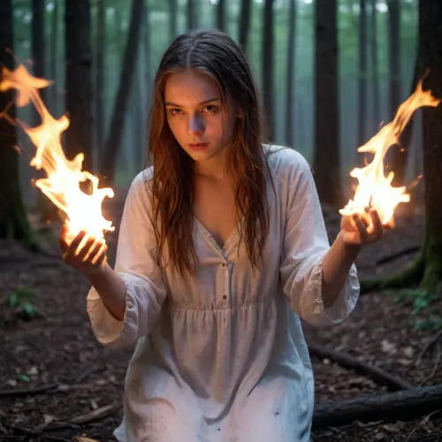 18yo girl making fire in deep dark forest, girl lost in forest, wet cloths, wet hair, wet body, in nightgown