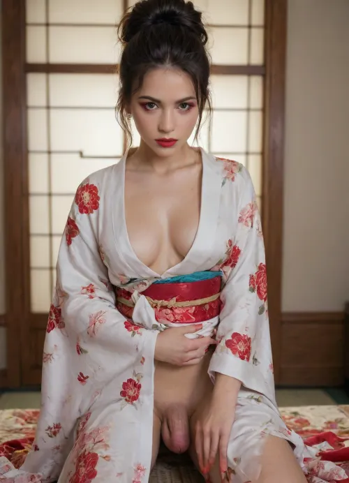 adult transgender, one person only, no blow job, shemale, dickgirl, japanese, tight close-up kimono, (partly covered penis:1.2), (bulge through kimono:1.3), semi-erected penis under kimono, medium sized semi-flaccid penis, hanging cock, precum dripping, blowjob giver pov, detailed scotrum and penis visible, penis peeks out from under kimono, no skirt, no panties, tattoo, stunning beautiful face, sexy makeup, red lipstick, red fingernails, bun hairstyle, black hair, perfect rounded apple sized sexy ass, perfect hourglass figure, narrow waist, detailed japanese teehouse background, tee cerenomy equipment in background, frontside view, full body shot, (perfect fingers:1.3), realistic photo