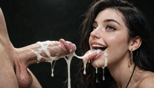 close-up, naked white woman, very pale skin, eyes wide open, enjoying, faint smile on her face, sucking big 25 inch white penis, black qos-thong, testicles, penis lying on her tongue, no lipstick, very long smooth black hair, tongue sticking out of her mouth, (excessive cum on tongue), cum dripping from her tongue, projectile cum, dark room, black background.
