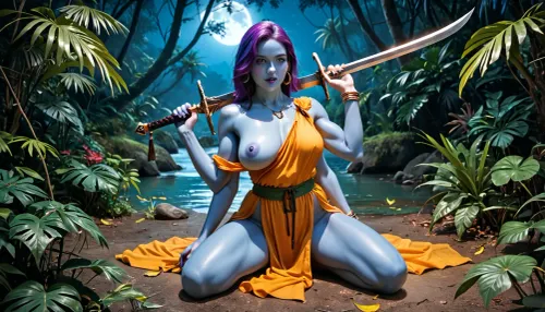 photorealistic image, 8K quality, night, the jungle of an alien world, plants neon glow in all colors of rainbow, on the bank of a stream, (a beautiful sexy alien woman with blue skin, four arms), very large sagging breasts and very long purple hair, dressed in a translucent short tunic that leaves one shoulder and one breast bare, a woman is kneeling in front of a huge, very muscular warrior with dark blue skin, sucking the warrior’s giant dick, in the warrior’s hand is a long sword, full body in frame, <lora:fantasy_toga_sdxl_v2.3:.5>