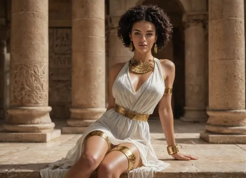 A stunning woman dressed in an ancient Egyptian-inspired outfit sits gracefully in front of a grand temple adorned with intricately carved hieroglyphic columns. She wears a revealing, flowing white dress made of delicate, slightly transparent fabric that drapes over her curvaceous body, accentuating her ample chest. The deep-cut design exposes much of her décolletage, while the high slits reveal her toned legs. Her sleek, jet-black bob hairstyle is adorned with a golden cobra headpiece, symbolizing royalty and power. A majestic blue and gold collar necklace rests on her shoulders, complemented by matching golden bracelets and thigh bands. Her gaze is alluring and confident, with a subtle, seductive expression. The warm sunlight casts a golden glow on her smooth skin, enhancing the rich textures of her outfit and the detailed carvings of the ancient setting. Ultra-detailed, highly realistic, cinematic lighting.