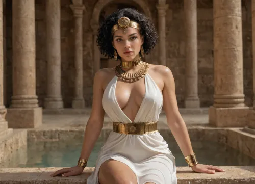 A stunning woman dressed in an ancient Egyptian-inspired outfit sits gracefully in front of a grand temple adorned with intricately carved hieroglyphic columns. She wears a revealing, flowing white dress made of delicate, slightly transparent fabric that drapes over her curvaceous body, accentuating her ample chest. The deep-cut design exposes much of her décolletage, while the high slits reveal her toned legs. Her sleek, jet-black bob hairstyle is adorned with a golden cobra headpiece, symbolizing royalty and power. A majestic blue and gold collar necklace rests on her shoulders, complemented by matching golden bracelets and thigh bands. Her gaze is alluring and confident, with a subtle, seductive expression. The warm sunlight casts a golden glow on her smooth skin, enhancing the rich textures of her outfit and the detailed carvings of the ancient setting. Ultra-detailed, highly realistic, cinematic lighting.