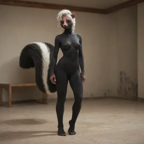 masterpiece, best quality, highly detailed, 4k, highly detailed face, ((anthro skunk body:2), (furry:2)), naked, long undercut hair, (white hair), full body view