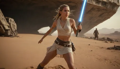 Desert duel: the slender blonde jedi and her lucky charm in the sun-scorched spaceport