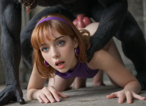 Daphne Blake, (doggy style:1.5), bubble butt, sweaty, (gigantic black werewolf:1), (anal fucked by big red veiny knot cock:1.5), (anal sex:1.5), deep anal sex, anal with knot cock, werewolf grabbing ass, girl hates getting fucked face expression, she is screaming, she is unhappy, view from behind and below, creepy dark graveyard at halloween, she is wearing her short purple 1960s style dress and has orange hair, masterpiece, best quality, ultra realistic, high definition, high resolution, photo realistic, perfect face, perfect eyes, perfect hands, perfect fingers