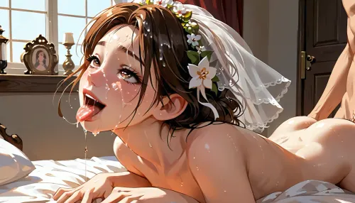 ((20yo)), absolutely perfect face, wedding dress, perfect thick body, short dark brown hair, extremely slutty, fucked, (((not a single inch of her face is visible as she is soaked in thic saliva))), ((face entirely covered by saliva)), ((extreme saliva on face)), ((thick saliva on face)), ((sloppy saliva on face)), ((saliva bubbles)), ((extreme saliva on hair)), doggystyle, on messy bed, detailed background, hardcore doggystyle, enjoying, smiling, looking at the cock, tongue all the way out, going crazy, extreme pleasure, perfect slim body, small breast, horny, playful, (naked), tits showing, (extremely submissive), (messy), (saliva), side view, score_9, score_8_up, score_7_up, score_6_up, (j_cartoon:1.5), sanpaku, heart-shaped, pupils, <lora:samdoesarts1.1-000030:.4>, <lora:J_cartoon:.4>, <lora:Animated_Concept:.4>, <lora:763451_training_data:1.1>, <lora:heart-shaped_pupils_xl_v1:.8>