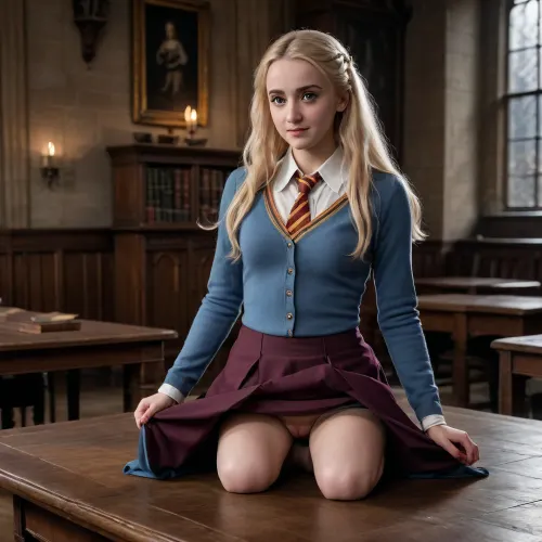 Luna Lovegood pulling up her skirt on a table in Hogwarts, standing on a table, skirtlift, <lora:skirtlift_xl:.5>