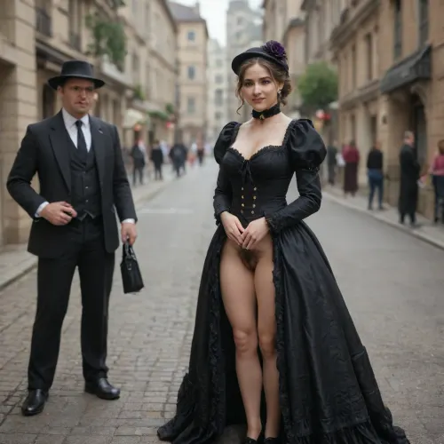 Victorian era, boulevard, passers-by in Victorian costumes, a beautiful busty woman in a dark green Victorian riding costume, bottom less, withoutpanties, without skirt, high boots, a black hat with a veil on her head, stands on the boulevard, knees wide apart and smiling shyly pees, a man in black Victorian suit passes passing by, greeting a woman, raises his hat, ((bottom less)), ((very hairy natural pussy:1.5)), cleavage, clothes, <lora:pytorch_lora_weights:1>