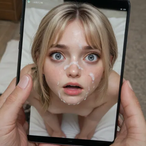 18 year old, ((blonde hair in low ponytail with bangs:1.5)), on all fours, looking up at viewer, high angle, ((scared expression:1.5)), very skinny with small breasts, anorexic, big grey eyes, almond shaped eyes, ((cum facial:1.5)), ((mobile phone picture:1.5)), extremely detailed, greatly detailed, very realistic