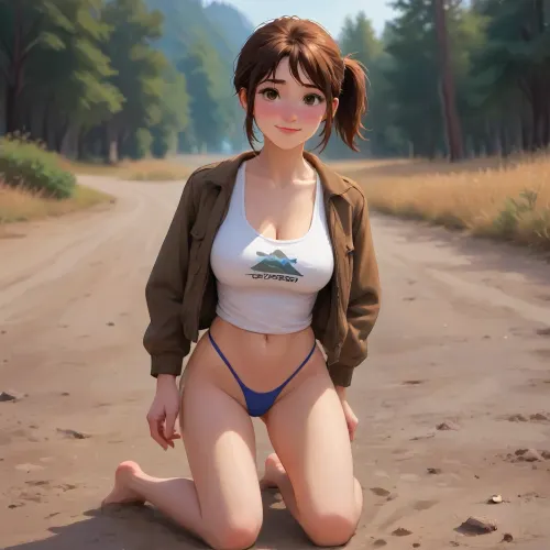wwoman, Long distance view, full body in view, 1 Russian, dressed cute tall tall tall brown hiking clothes, ((thong, tank top)), ((hiking jacket)), on dirt road at the foot of the Crimean mountains, ((trekking back pack on the back)), sexual_model pose, (((tease blushing))), horny face, very happy smile, very_sweaty gymnastic body, 21 years old, plaintive brown eyes, wild hair, high sports ponytail with side locks, very_blush on the cheeks and nose, lots of freckles face, lots of freckles body, raised nasal tip, huge breasts, cleavage, (j_cartoon:1.5), Drawing, <lora:samdoesarts1.1-000030:.1>, <lora:J_cartoon:.1>, <lora:Animated_Concept:.8>