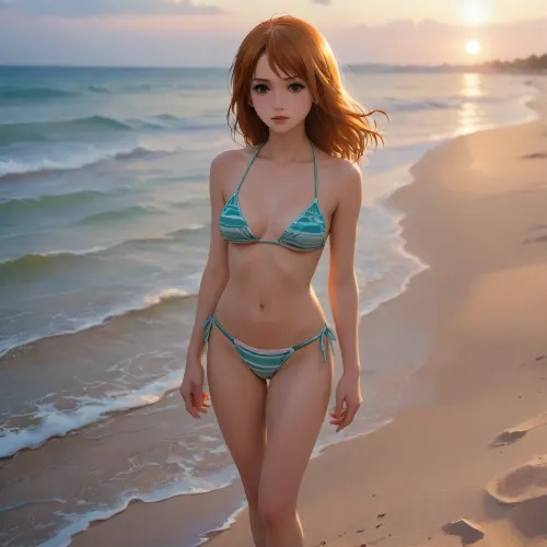 woman, nami, (one, piece\), (huge boobs:1.3), (athletic body:1.2), orange hairs, (long hairs:1.2), (photorealism:1.6), standing on a beach, full body, (green with white lining bikini:1.2), (j_cartoon:1.5), Drawing, <lora:samdoesarts1.1-000030:.1>, <lora:J_cartoon:.1>, <lora:Animated_Concept:.8>