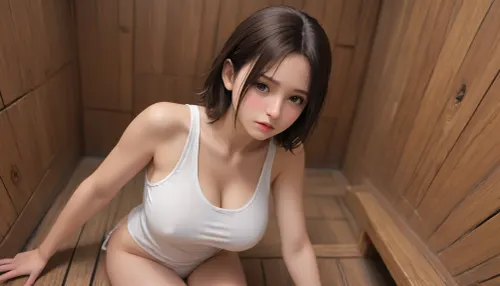 a drawing of a woman, brunette with a fringe, one piece sarong, long single pony tail hair, cut leg, ((submissive)), ((lovely)), (((brown wild hair with sidelocks))), (((full body view))), (((high detailed legs))), (((high detailed fingers))), ((very much want have sex)), (love juice:1.4), ((high detailed pores on skin)), well-build body, (big breasts:1.6), small lips, lots of freckles face and skin, blush on the checks and nose, (wearing white tank top and thong:1.5), (raised nasal tip, upturned button nose, upturned nose, delicate nose, nose), hypnotized loving yellow brown eyes, brown wild wet hair with sidelocks, skin exposure, detailed but rough, sketches, detailed sketch, rough sketch, old sketch, sketch art, detailed penciling, matte sketch, highly detailed sketch, sketches wide angle view, realism, sauna, pgsprnc, woman, <lora:samdoesarts1.1-000030:.2>, <lora:J_cartoon:.2>, <lora:Animated_Concept:.2>