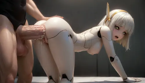 skinny tiny female robot having sex with a giant, giant is much larger as the robot, (giant cock is as large as the robot), Extremely stretched asshole, bulge on belly, dick deep inside robot, robot screaming in pleasure, robot having the strongest orgasm ever, huge creampie in robot anal, cum exploding from moutch, lots of cum, creampie in asshole, bent over, 18 yo girl, ((((massive penis, giant penis, gigantic penis, penis is extremly large, massive penetration, penis to large for ass, penis is larger than the robot)))), masterpiece, high res, best quality, shaved pussy, realistic pussy, professionaly colors, (((pussy dripping wet))), (fantasy robot adult adult adult girl), 18 years old, horny expression, perfect boobs, naked, topless, tits exposed, perfect teeth, perfect eyes, pretty robot no top, visible breasts, perfect symmetrical eyes, giant having sex with tiny female robot, incredible resolution, perfect ilumination, captured, 1 adult man, easynegative, stomach bulge, edgFae, flower, robot, style, wearing, hetero, anal, <lora:add-detail-xl:1>, Robot, Skin, Android, <lora:robot_skin_XL_1.0.6:1.5>, <lora:EnvyCyborgXL01:1.5>