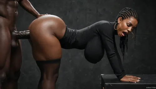 side view, masterpiece, best quality, ultra-detailed, finely detail, highres, 4k, hd, one on one, (hanging sex), (anal sex), huge white penis, 20 inch penis, (screaming), anal stretch, eyes closed, pussy out, black background, dark room, black african woman, absolutely black skin, deep ebony skin, African, Nigerian, Nubian, (((absolutely black skin))), (beautiful face, perfect eyes:1.2), long sleak black hair, ((massive ass:1.3)), ((massive breasts:1)), curvy body, massive tits, wide hips, thick, (wearing a sexy black short dress with turtleneck), black stockings, black garterbelt.