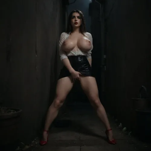 Ultra detailed photograph, ((1 girl alone)), ((very dark scene)), ((black handbag on the floor)), ((very rainy night)), ((full body)), ((heavy rain)), ((woman is in the shadows)), ((very narrow dark alley)), ((mascara running down face)), ((rain streaks down her body)), ((deep red lipstick)), ((tits clothed)), ((red high heel shoes)), (((slim body))), ((only one yellow-ish street lamp)), ((heavy shadow)), ((raining very heavily)), a woman around 35-year-old, ((lighting is minimal, almost darkness)), ((dark shadow)), ((deep shadow)), (((standing and leaning against wall))), ((horny slut)), ((her back is against a wall)), ((sideways to the camera)), ((body at 45 degrees to the wall)), ((her legs a little spread)), ((knees partially bent)), ((highly aroused)), ((looking at the viewer)), ((soaking wet clothes are soaking cling to wet body)), (no bra), ((very wet hair)), ((very wet clothes)), ((very wet body)), (((huge orgasm))), ((wet skin)), ((rain on skin)), ((shiny skin)), ((legs apart slightly)), ((white blouse)), ((massive tits and hard nipples are visible through the material)), ((black mini skirt is raised)), ((fingers in pussy)), ((orgasm)), dark, horror, black, 1girl, Short, Layered, Bob, fingering, pussy, <lora:2FingersSDXL_v03:.5>, (((orgasmface))), <lora:orgasmface_SDXL:.5>, ruined, makeup, <lora:ruined1:.5>, hvrn, heavy, rain, <lora:607315_training_data:.5>, <lora:dark:.5>