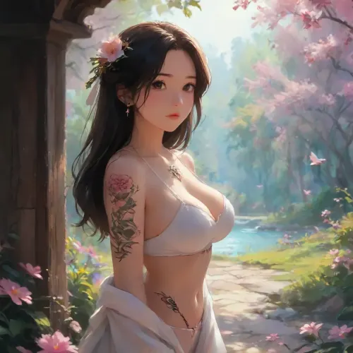 Beautiful young adult girl with beautiful tattoos on her back, fan in hand, digital art, anime, colorful tattoos of flowers and birds, thong, large breasts, artgerm, beautiful 18-year-old young adult girl, she has very beautiful tattoos, against the background of a very beautiful Japanese garden, colorful pastel, desktop wallpaper, cool, graceful figure, full body, (j_cartoon:1.5), Drawing, <lora:samdoesarts1.1-000030:.2>, <lora:J_cartoon:.9>, <lora:Animated_Concept:.2>