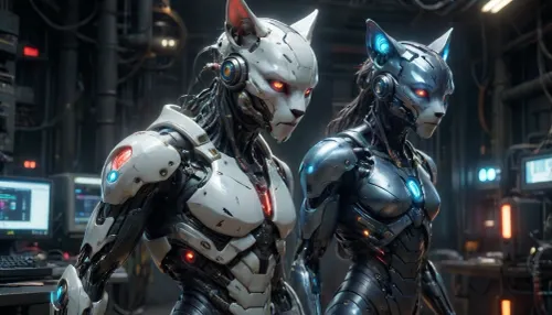 research laboratory, futuristic alien style, ((full body view)), male shapeshifting cyborg alien-cat, female shapeshifting cyborg alien-cat, beardless, long ears, (elongated snout), long cables as hair in a 'Predator' style, black eyes, very lot red luminous veins, lot blue luminous cables, black skin with light printed circuits, (luminous holograms), (small white electric arcs on the skin), very white rusty futuristic armor, B34ut1ful, 4ndr01d, cyborg, metal, gears, circuits, bioluminescent, detailed face, detailed armor, mecha, glowneon, glowing, sparks, lightning, <lora:Beautiful_Android:1.2>, <lora:277457_training_data:2>, <lora:mecha-000009 (1):1.2>, <lora:glowneon_xl_v1:1.2>