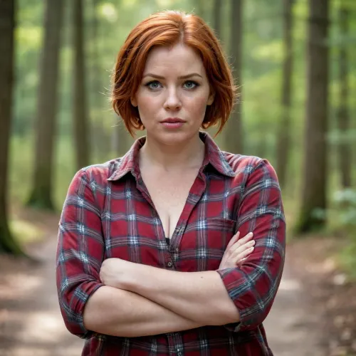 A red-haired, freckled mature chubby woman, (short straight wet hair), .very big boobs., (plaid shirt with sleeves rolled up at the forearms), . Huge breasts, large nipples., (strong large shoulders), . Very large lips., (The mouth is large, very thick-lipped.), ., (strong forearms), . Brown eyes., (wristwatch on one hand), . Lustful look., (raised eyebrow), .Full length view In the village. Forest.