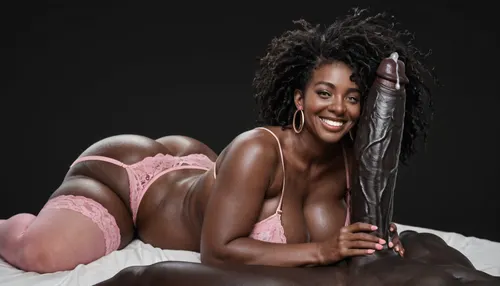 (milf:1.2), voluptuous, obese black african woman, absolutely black skin, deep ebony skin, African, Nigerian, Nubian, (((absolutely black skin))), flat belly, pink stockings, pink garter belt, pink bra, long black hair, messy hair, black room, black background, (huge breasts:1), (massive ass:1.2), (wide_hips), seductive smile, looking suprised and in awe at a massive 15 inch cock of a black african male in front of female, gigantic thick 15 inch penis, precum, huge erection. sqeezing his testicles, black background.