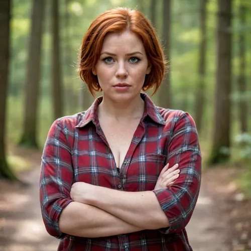 A red-haired, freckled mature chubby woman, (short straight wet hair), .very big boobs., (plaid shirt with sleeves rolled up at the forearms), . Huge breasts, large nipples., (strong large shoulders), . Very large lips., (The mouth is large, very thick-lipped.), ., (strong forearms), . Brown eyes., (wristwatch on one hand), . Lustful look., (raised eyebrow), .Full length view In the village. Forest.