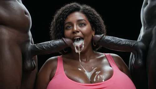(milf:1.2), voluptuous, obese black african woman, absolutely black skin, deep ebony skin, African, Nigerian, Nubian, (((absolutely black skin))), pink spandex top, massive breasts, surprised, happy, amused, looking at a massive cock of a white male with a gigantic thick 25 inch penis, huge erection., cum on breasts, deep throat, blowjob, cumexplosion in mouth, cum dripping from mouth, black room, black background, surrounded by white dicks, 3+men, black background.