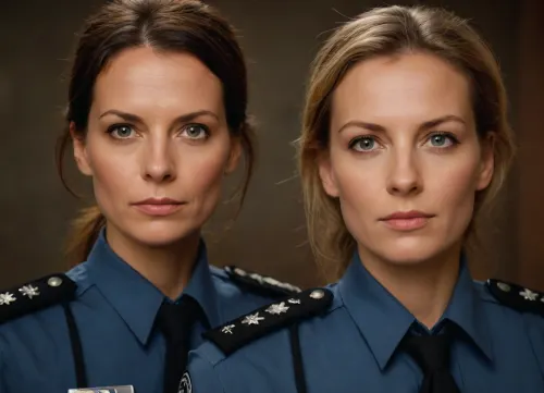 two women, attractive german policewomen, 50-years old, beautiful faces, various length of hair, front view