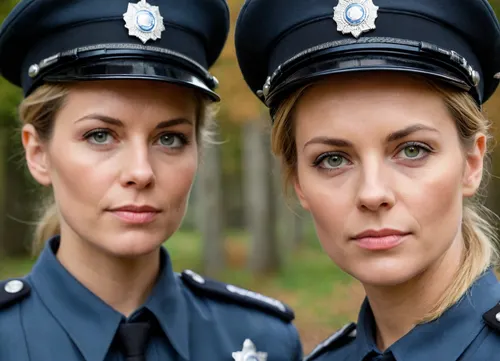 two women, attractive german policewomen, 50-years old, front view