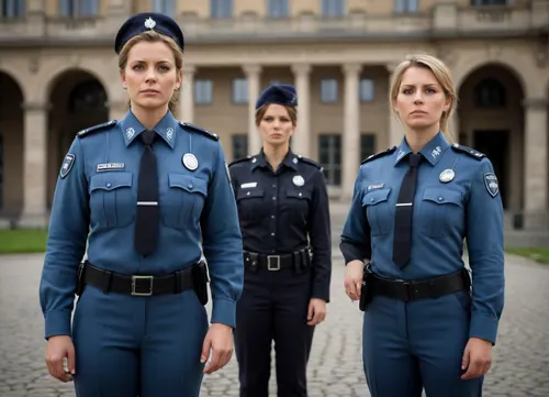 two women, german policewomen, 35-years old, full body view, front view