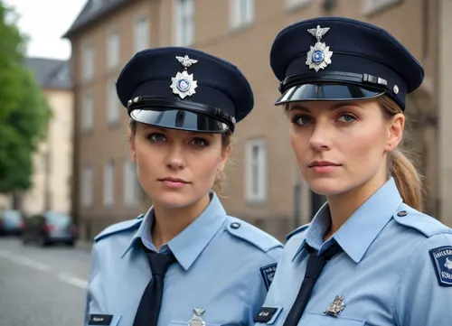 two women, attractive german policewomen, 35-years old, front view