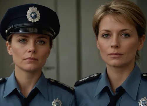 two women, attractive german policewomen, 50-years old, front view