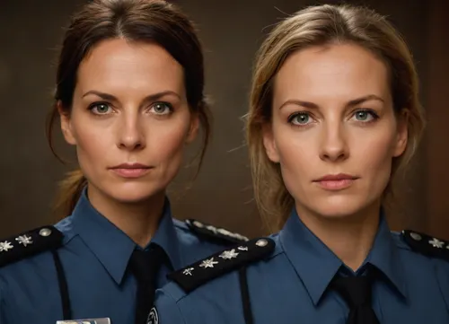 two women, attractive german policewomen, 50-years old, beautiful faces, various length of hair, front view