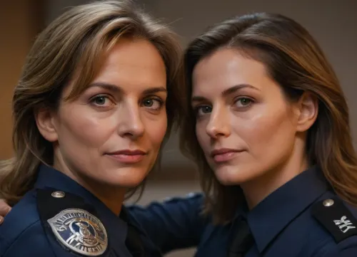 two women, attractive german policewomen, 50-years old, beautiful faces, various length of hair, hugging, front view