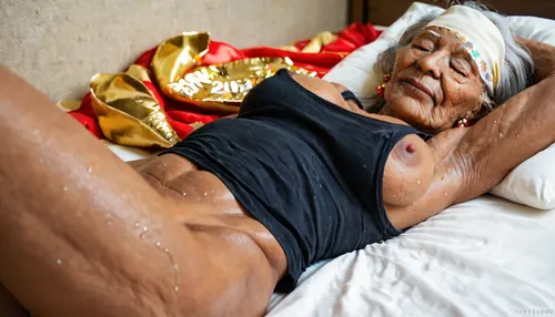 (Close-up of a 69 year old woman:1.8), alittle plump, busty, tanned, lying on her back, asleep on a bed, eyes closed, asleep, sweaty, (tank top pulled up:1), pretty little feet, cameltoe, hard nipples, visible, shaved pussy