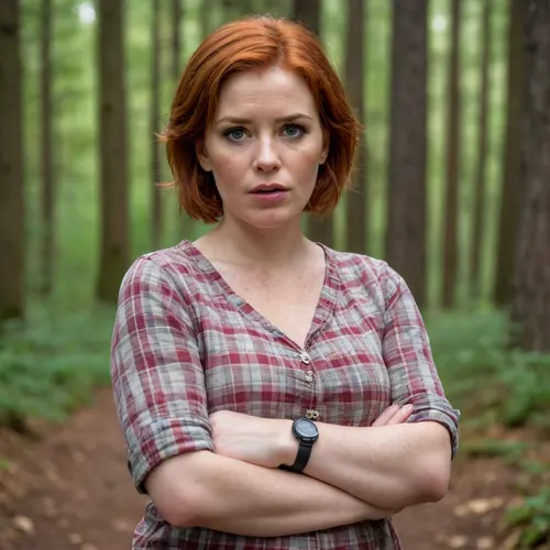 A red-haired, freckled mature chubby woman, (short straight wet hair), .very big boobs., (plaid shirt with sleeves rolled up at the forearms), . Huge breasts, large nipples., (strong large shoulders), . Very large lips., (The mouth is large, very thick-lipped.), ., (strong forearms), . Brown eyes., (wristwatch on one hand), . Lustful look., (raised eyebrow), .Full length view In the village. Forest.