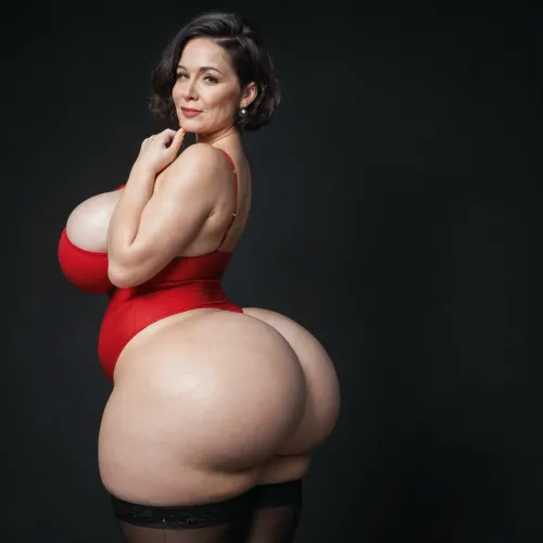 Black room, black background, (milf:1.3), Voluptuous, obese, curvy, extremely short black hair, sleek hair, combed backwards, bobcut, woesenpai from onlyfans, Huge ass, massive ass, bulging ass, extreme wide hips, thin waist, black stockings, red tight string body, huge cleff butt cheeks, side view, rear view, front view.