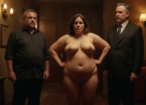One woman 40-years old fucked by 3 men of different ages and fatness, full body view