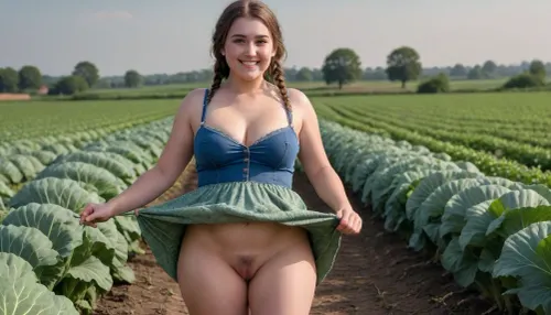 woman, Full body in view.outside, Wide field of view. in a cabbage field, The landscape of Dithmarschen, 25 year old chubby, huge breast, 5'11". Flat stomach. Thin face.braided hair. small strip of pubic Hair, farm dress. Standing. Face leaning forward. Smiling, skirtlift, pussy, legs, spread, <lora:skirtlift_xl:2>, <lora:NcyPussy_v05:.8>