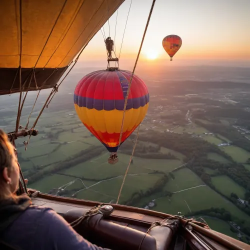 (first person pov), (1 girl, realistic hot air balloon maneuver:1.4), (close-up), pilots the balloon, (in the gondola of the hot air balloon suspension ropes:1.5), (watching the sunset:1.6), (real image), (luxury details), first person pov watching the hot air balloon pilot maneuvering the balloon with the propane propeller on, side view of the balloon, (gondola visible with the straps tied to the hot air balloon)