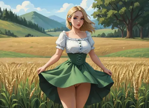 A close up of woman’s crotch, frontal view, GTA 5 loading screen style, stylized realism with painterly shading, bold cel-shaded outlines, (a peasant woman in a medieval green upskirt dress, corsage, white blouse, neckline, blonde, makeup, a attractive woman of 25 years old, with large round breasts, wide hips, medium ass and a virgin cunt, works in the field), (wind lifts up her skirt showing upskirt her pussy), pubic hair, (Oktoberfest dress wind lifting dress), (wheat field, ears, sickle, sheaves), vibrant colors, Rockstar Games poster illustration, polished digital painting, samdoesart, <lora:samdoesart_style_xl_v1:.3>, <lora:Animated_Concept:.3>, <lora:outline_xl_kohaku_delta_spv5x:.5>, <lora:GTAVstyleDoguXLv2:1.5>