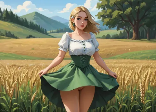 A close up of woman’s crotch, frontal view, GTA 5 loading screen style, stylized realism with painterly shading, bold cel-shaded outlines, (a peasant woman in a medieval green upskirt dress, corsage, white blouse, neckline, blonde, makeup, a attractive woman of 25 years old, with large round breasts, wide hips, medium ass and a virgin cunt, works in the field), (wind lifts up her skirt showing upskirt her pussy), pubic hair, (Oktoberfest dress wind lifting dress), (wheat field, ears, sickle, sheaves), vibrant colors, Rockstar Games poster illustration, polished digital painting, samdoesart, <lora:samdoesart_style_xl_v1:.3>, <lora:Animated_Concept:.3>, <lora:outline_xl_kohaku_delta_spv5x:.5>, <lora:GTAVstyleDoguXLv2:1.5>