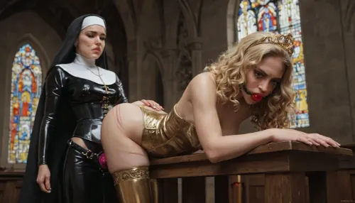 church, princess punished by nun, rear view, ((mature, 50yo, angry nun, latex, strapon dildo)), BREAK, ((Young, 20yo blonde, long curly hair, sad princess, gold stockings, gold corset, tiara, eyes wide open, ballgag, tears)), (wrists shackled to table:1.1), bent over table, (ass whip marks), (anal:1.1), detailxl, Endless_Up_SDXL_Neg, plain_catsuit, <lora:Plain_catsuit:.8>
