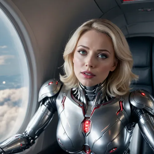 sexy busty blonde female Ultron robot falling from a plane, <lora:bombshell_v2:1.5>