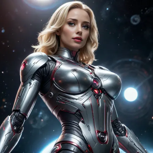 sexy busty blonde female Ultron robot floating in outer space, <lora:bombshell_v2:1.5>