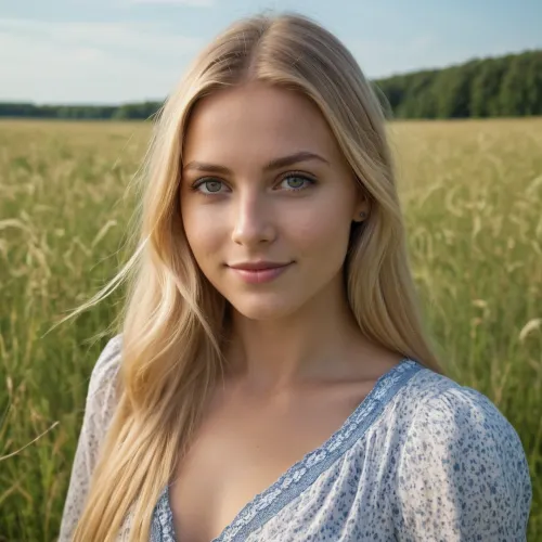 (high quality photographie), (detailed eyes), (detailed skin), (ultra sharp), one only beautiful 26yo woman, long natural blonde hair, very straight hair, in summerdress on a sunny day on a meadow, no makeup, smiling, full body view
